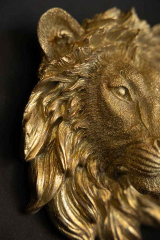 Detail shot of a gold lion head ornament on a black wall.