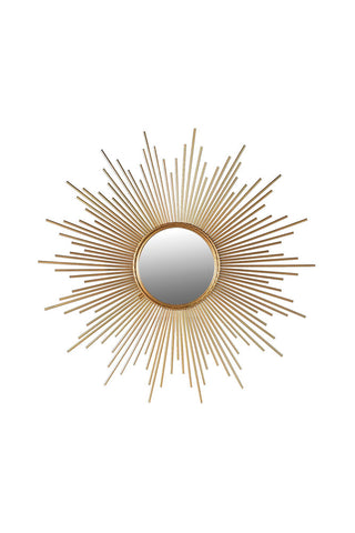 Cutout of a round decorative mirror with a starburst design, on a white background.