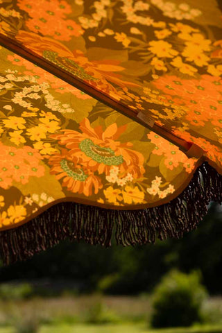 Detail shot of the HKliving Dark Florals Flourish Parasol seen from beneath.