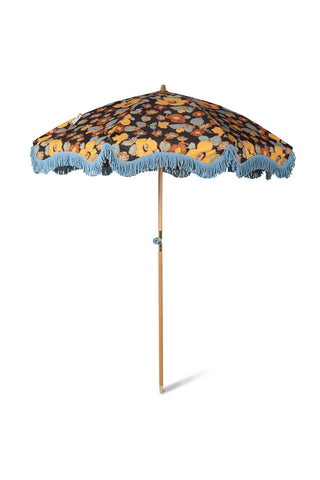 Cutout image of the HKliving Floral Flourish Parasol with Blue Fringing on a white background.