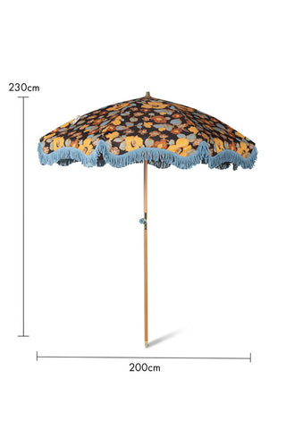 Cutout image of the HKliving Floral Flourish Parasol with Blue Fringing with dimension details.