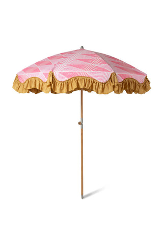 Cutout image  of the HKliving Pink Linear Parasol with Mustard Fringe on a white background.