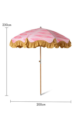 Cutout image of the HKliving Pink Linear Parasol with Mustard Fringe with dimension details.