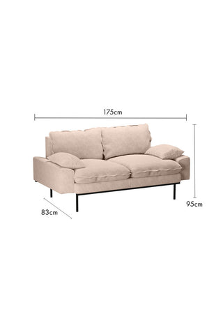 The HKliving Retro 2 Seater Sofa in Taupe Boucle on a white background with dimension details.