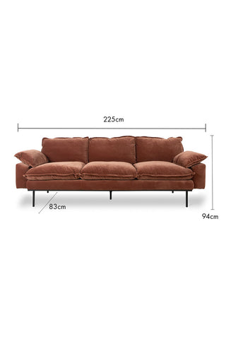 The HKliving Retro 3 Seater Sofa in Magnolia Velvet on a white background with dimension details.