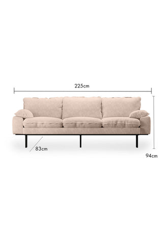 The HKliving Retro 3 Seater Sofa in Taupe Boucle on a white background with dimension details.