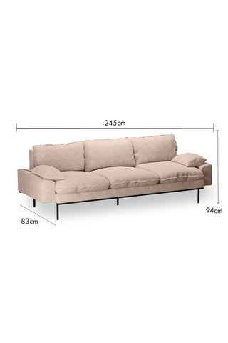 The HKliving Retro 4 Seater Sofa in Taupe Boucle on a white background with dimension details.