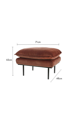 The HKliving Retro Footstool in Magnolia Velvet on a white background with dimension details.