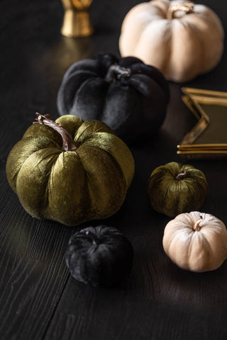 Six velvet pumpkins of varying colours and sizes arranged together on a dark wooden table.