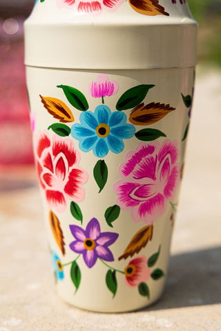 Close-up of the design on the Hand Painted Floral Detail Cocktail Shaker.