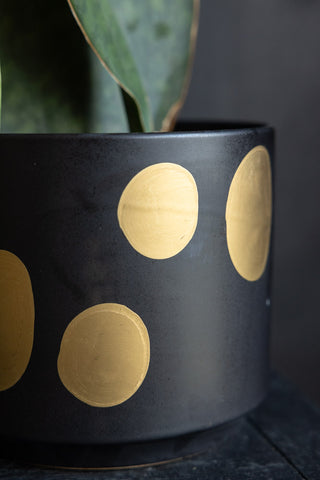 Close-up of the Handcrafted Black & Metallic Planter In Medium.