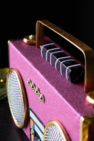 Close-up of the top of the Handmade Candy Pink Boom Box Decoration.