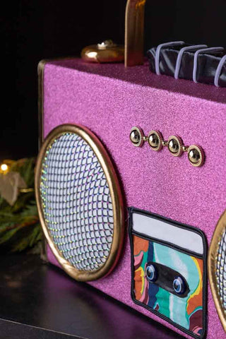 Close-up of the Handmade Candy Pink Boom Box Decoration.