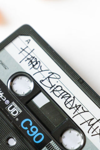 Detail shot of the Happy Birthday Cassette Tape Storage Tin.