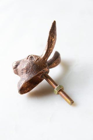 The Hare Head Cupboard/Drawer Knob on a white surface, showing the fixing behind.