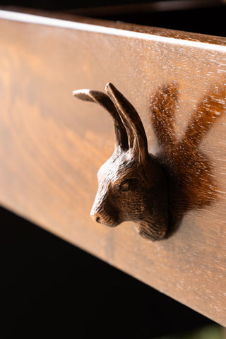 Close-up of the Hare Head Cupboard/Drawer Knob styled on a wooden drawer.