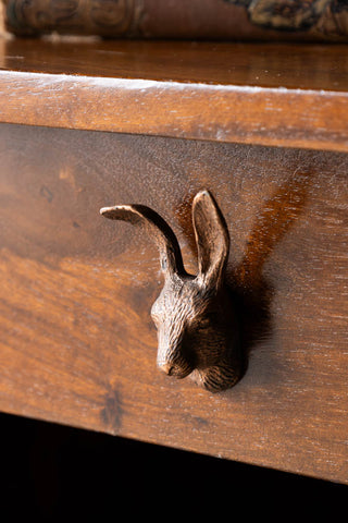 Detail shot of the Hare Head Cupboard/Drawer Knob styled on a wooden drawer.