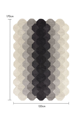 Cutout of the Hexagonal Ombre Rug 120cm x 170cm on a white background with dimension details.