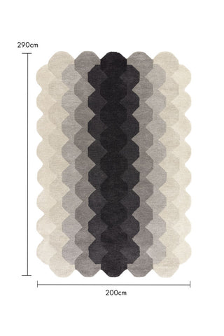 Cutout of the Hexagonal Ombre Rug 200cm x 290cm on a white background with dimension details.