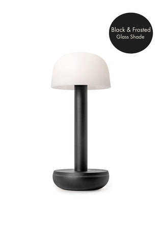 Image of the Humble Light in Black & Frosted Glass Shade against a white background with a black label.