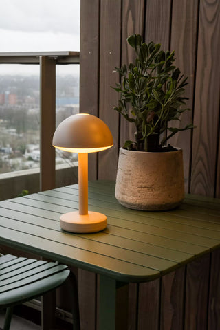 The Humble - Domed Cable-Free Mood Lighting Lighting in Off White displayed on a table next to a plant.