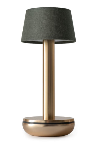 Close-up cutout of the Humble - Elegant Cable-Free Mood Lighting in Gold & Emerald Linen Shade.