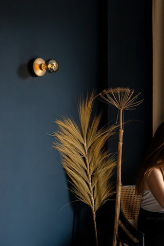 The Humble - Wall Light Cable-Free Mood Lighting in Gold & Smoked Glass Shade displayed on a blue wall, styled with large flower stems/grasses.