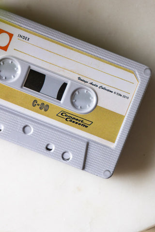 Close-up of the reverse side of the I Made You A Mix Tape Cassette Tape Storage Tin.