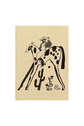 A very cool illustrative and graphic art print of a nude lady with a cowgirl jacket and cowboy boots on top of a horse.