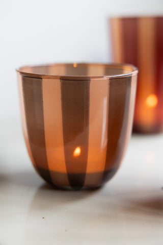 Close-up of the Khaki Striped Tealight Holder - Short displayed on a white surface.