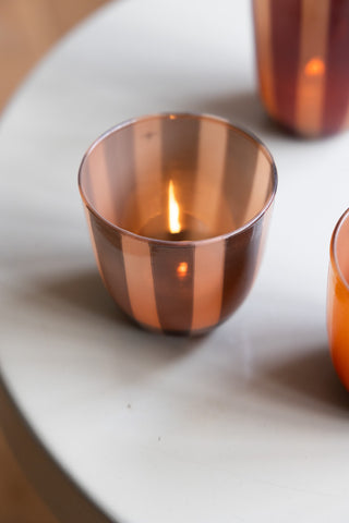 Close-up of the Khaki Striped Tealight Holder - Short, seen from above.