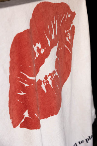 Detail image of the lips motif on the Kiss Me Beach Towel.