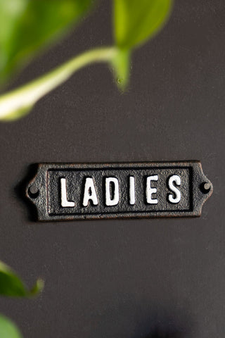 The Ladies Door Hanging Sign displayed on a black wall, styled with some greenery.