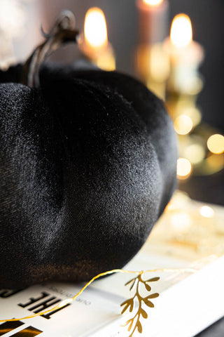 Close-up of the side of the Large Black Velvet Pumpkin, styled on a book with some fairy lights.