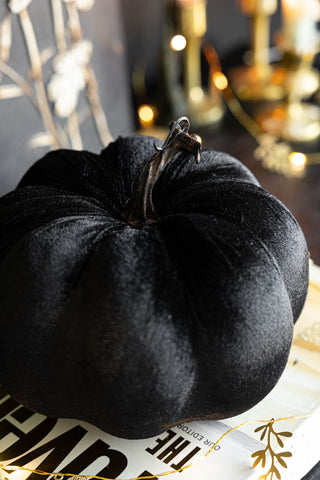 Close-up of the Large Black Velvet Pumpkin displayed on a book alongside some fairy lights.