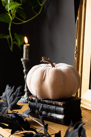 The Large Cream Velvet Pumpkin displayed on a wooden surface with books, maple garland and candle.