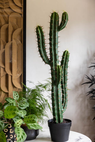 The Large Faux Cactus Plant styled on a white marble table with some potted plants, with another plant and a framed artwork in the background.