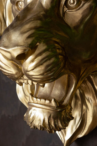 Detail shot of the face of the Large Gold Lion Head Wall Art.