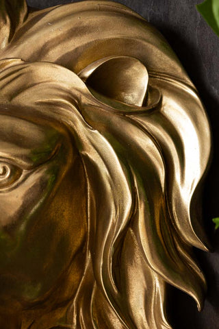 Detail shot of the Large Gold Lion Head Wall Art.