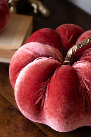 Close-up of the Large Dusky Rose Velvet Pumpkin seen from above, displayed on a wooden unit with some books and the matching smaller pumpkin.