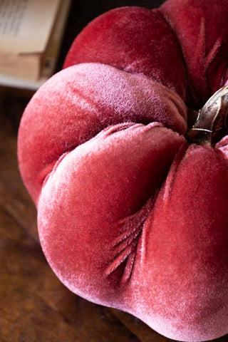 Detail shot of the Large Dusky Rose Velvet Pumpkin on a wooden surface with a book.