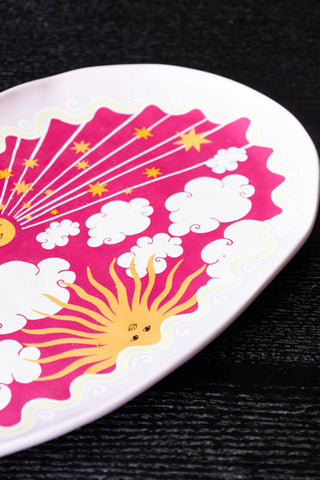 Detail of the colours on the Large Oval Plate with Sunrise & Sunset Detail.