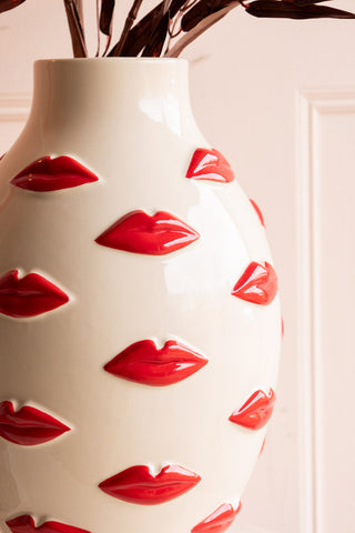 Close-up of the Large Red Kiss Me Lips Flower Vase.