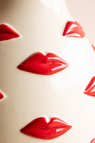 Detail shot of the Large Red Kiss Me Lips Flower Vase.