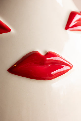 Detail shot of the lips on the Large Red Kiss Me Lips Flower Vase.