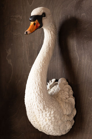 The Large White Faux Swan Head Wall Art displayed on a dark wall.