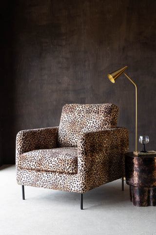 A leopard print armchair styled in front of a dark wall with a side table, floor lamp, book and wine glass.