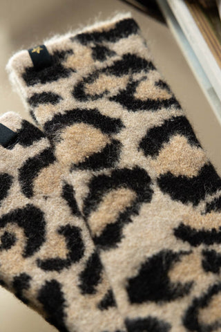 Close-up of the Leopard Print Handwarmers.