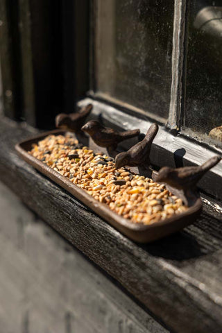 The Love Birds Tray displayed outside on a windowsill filled with bird seed.
