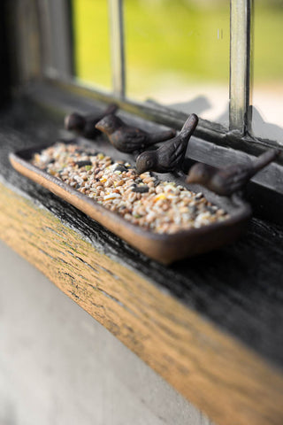 The Love Birds Tray displayed on an outdoor windowsill with bird seed inside.